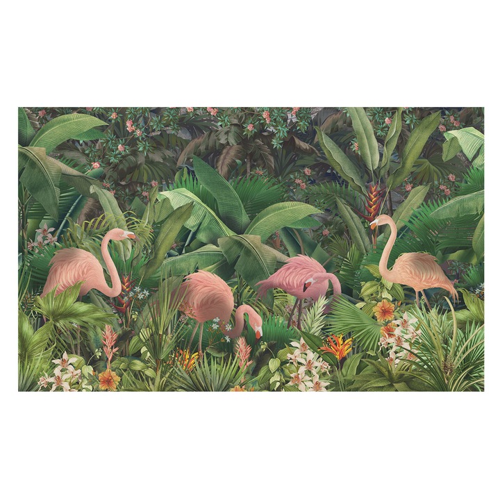 Tapéta Falra, Tulup, Rózsaszín flamingók, Zöld, 416 x 254 cm, Nem Szőtt, Hálószobába, Konyhába, 010100060100000285256