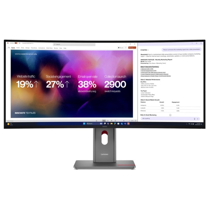 Monitor IPS LED Lenovo ThinkVision 39.7" P40WD-40, 5120x2160, HDMI, DisplayPort, Ecran curbat, Boxe, 120 Hz, 4 ms Negru