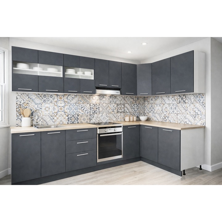 Set mobilier de bucatarie cu soft-close, BadenMob Germania, 300x140cm, colt, corpuri inalte, blat gros, corp cuptor, Antracit