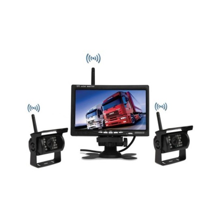 Комплект безжична задна камера с 2 камери и 9" дисплей 12V~24V, за Камиони, Автобуси, Бусове