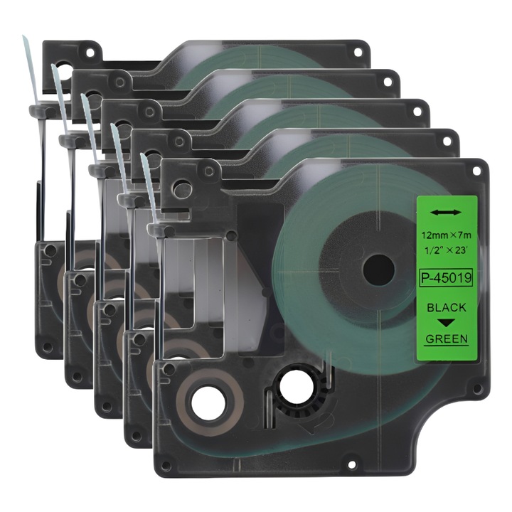 Pachet 5 bucati banda etichete compatibile Dymo 45019, 12 mm, negru pe verde