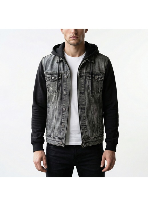 Geaca pentru barbati Realize, cu gluga si maneci negre tricotate, Negru gri