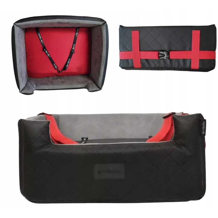 Scaun pentru caini si pisici Amibelle, 2 in 1, ecopiele, negru-rosu, 42x49cm