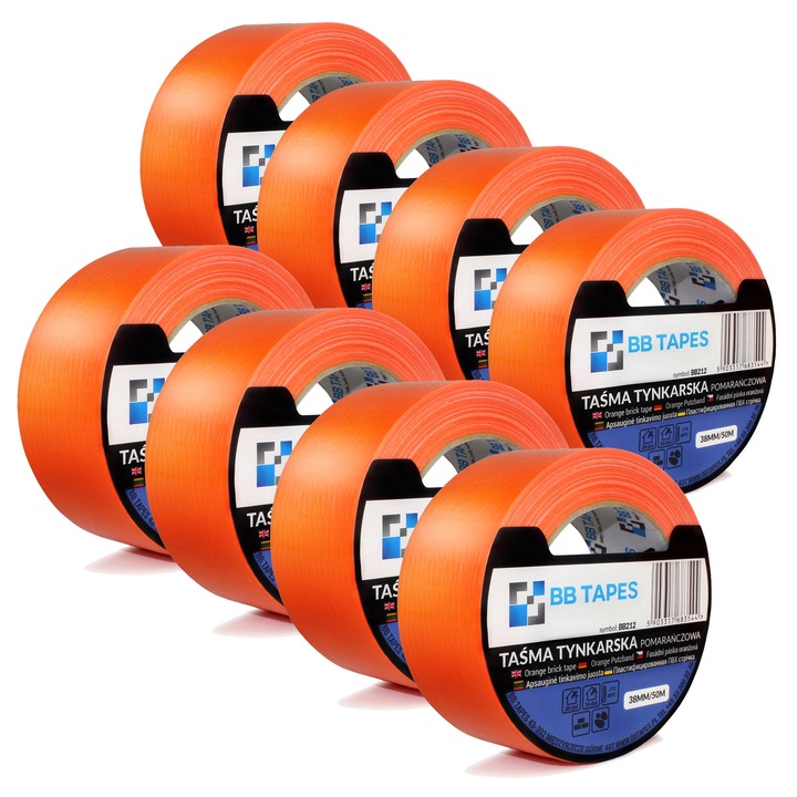 Banda tencuiala portocalie 38 mm x 50 m, rezistenta UV, adeziv hotmelt, interior/exterior, set 8 bucati