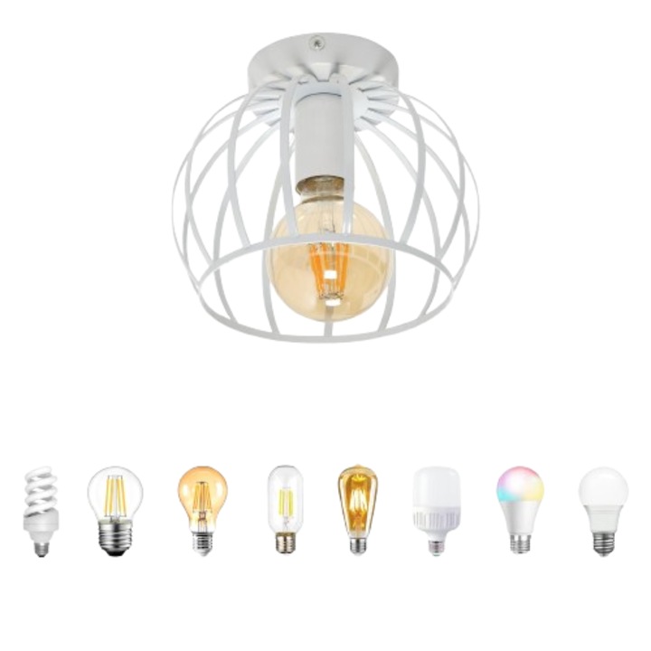 Плафониера Goeco, метален абажур тип клетка, винтидж индустриален стил, Ø19 см, бял цвят