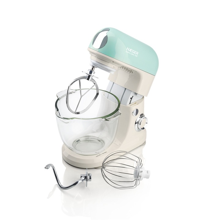 Robot Bucatarie tip Mixer Planetar cu Bol de Sticla HAEGER Glass Cake, Putere 700W, Capacitate 5 Litri, Viteza Variabila + Boost, 3 Accesorii pt Framantat, Batut si Amestecat, BL-7BG.016A
