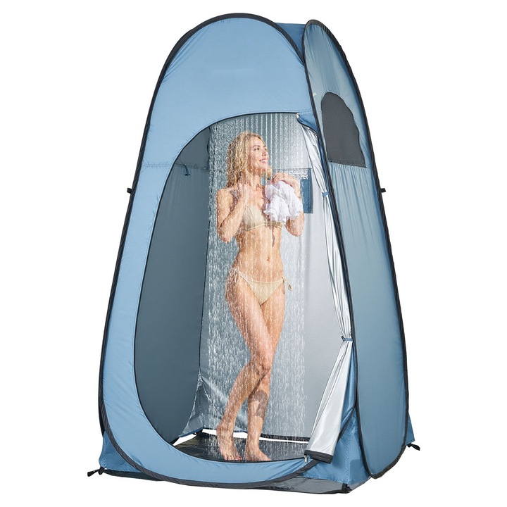 Cort de dus/toaleta pop-up, Cort de intimitate portabil, Montaj instant, Poliester 190T cu strat argintat, Tarusi, cordeline si husa, Camping, plaja, pescuit, Albastru