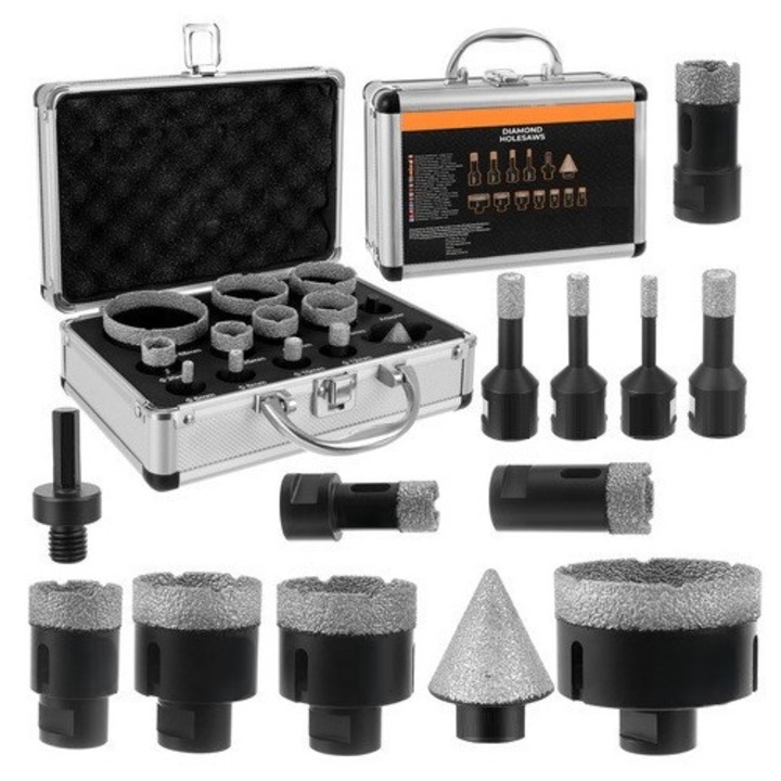 Комплект 12 диамантени боркорони и адаптер, Zola, размери 6-68 мм, конусен фрезер 2-35 мм, резба M14, 11 000 об/мин, за твърди материали, куфар за съхранение, манганова стомана
