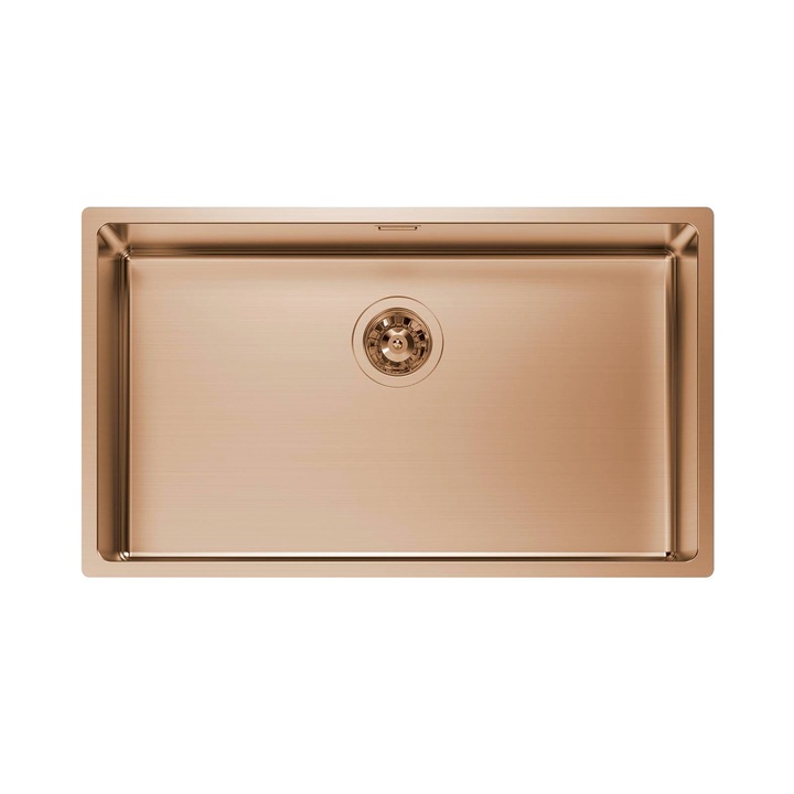 Chiuveta de bucatarie premium Foster, KE R15, 75 x 44 cm, 1 cuva, montare la nivelul blatului/pe blat, fara orificii standard pentru baterie, otel inoxidabil, finisaj PVD, anti-zgarieturi, sifon si preaplin incluse, made in Italy, bronz