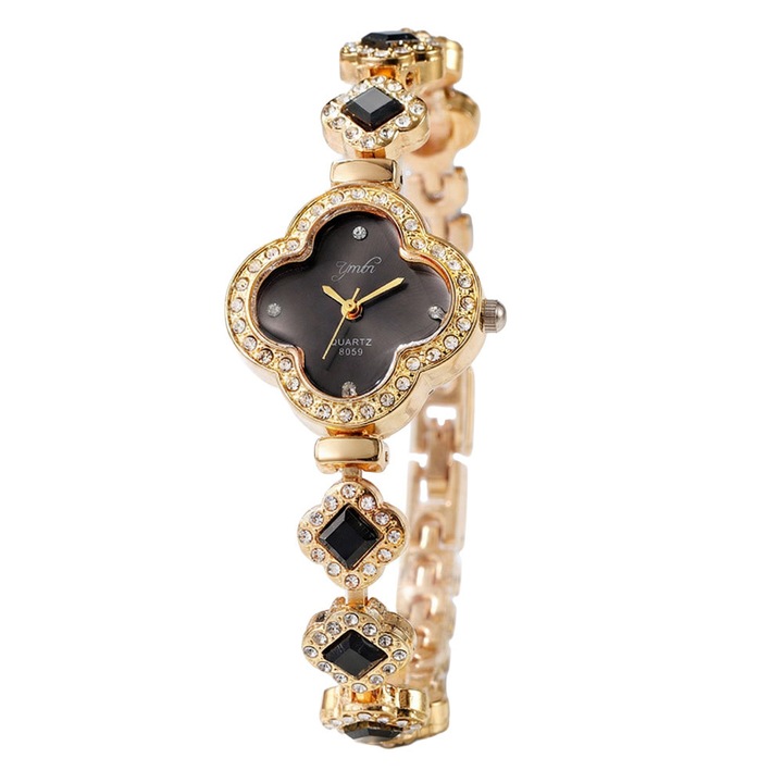Ceas de dama cu design trifoi norocos, cu bratara metalica si cristale patrate Negru