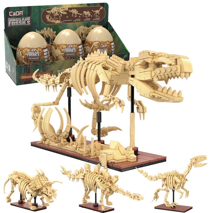 Blocuri de constructie CaDA Dinosaur Fossils – Triceratops + Stegosaurus + Velociraptor = Tyrannosaurus Rex – schelete de dinozauri luminoase, 825 de piese