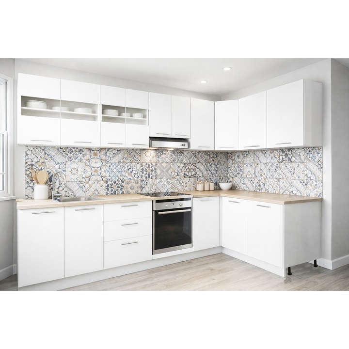 Set mobilier de bucatarie cu soft-close, BadenMob Germania, 300x140cm, colt, corpuri inalte, blat gros, corp cuptor, Alb