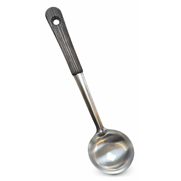 Polonic (lingura pentru supa) din inox, maner ergonomic cu aspect lemn, cu orificiu de agatare, culoare argintiu/negru