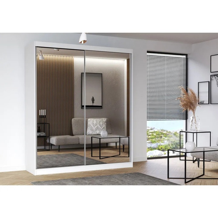 Dulap Expomob MULTI 20, usi glisante, oglinda, 6 rafturi, bara de haine, dimensiune 183x61x218 cm, culoare alb