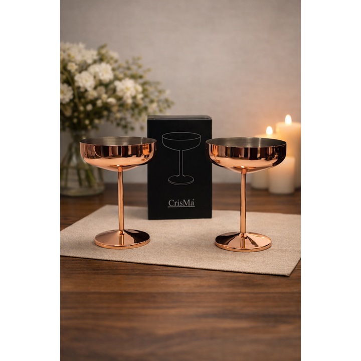 Set 2 Pahare Martini CrisMá, 300 ml, Placate cu Cupru, Finisaj Rose Gold – Design Elegant Premium