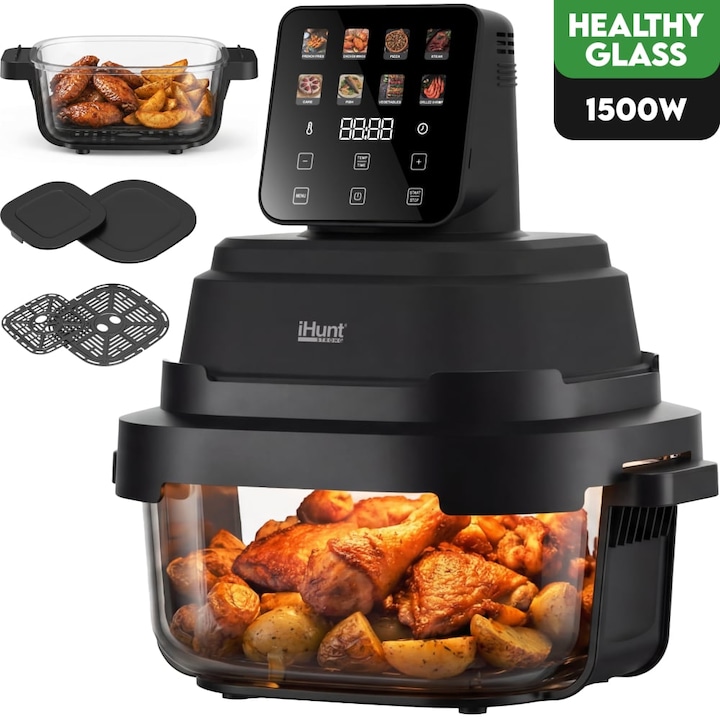 Friteuza cu aer cald fara ulei iHunt PureGlass Crisp 8 in 1, Sistem din Sticla Borosilicata, 1500W, 2 Vase Modulare 4L + 1.5L cu Capace de Sigilare, Vedere si Circulatie 360° a Aerului Cald, Compact, Compatibil cu Masina Spalat Vase, Black
