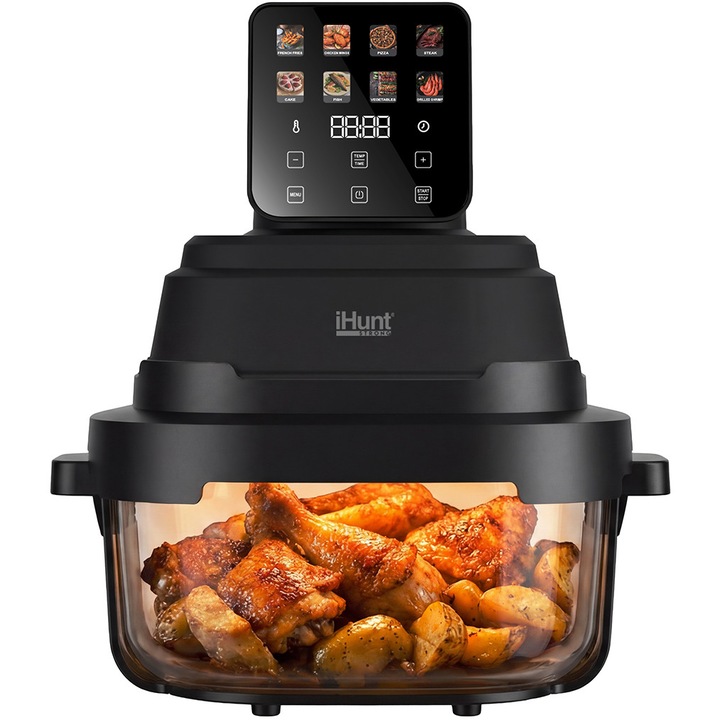 iHunt PureGlass Crisp 8 az 1-ben forrólevegős fritőz, 1500W, 2 boroszilikát üvegtál 4L és 1.5L, 8 előre beállított program, digitális érintőképernyő, 360 fokos láthatóság, tárolófedél mellékelve, olajmentes főzés, fekete