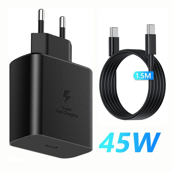 Incarcator Fast Charge, Yulinland, 45 W, USB-C, 1.5m USB-C la C, Compatibil iPhone, Samsung, Huawei, Xiaomi, Smartwatch, Negru