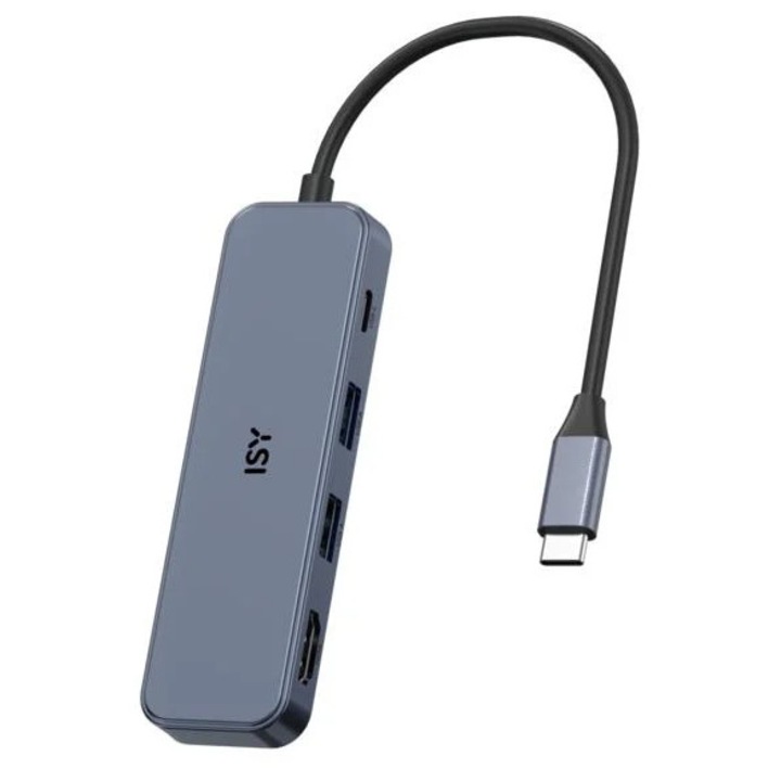 Мултипортов адаптер, ISY IAD-1032 5в1, сребрист, USB-C, къс кабел