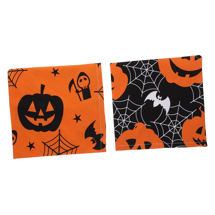 2 bucati Bandane Halloween BCOATH, pentru Caini si Pisici, Triunghiulare, Lavabile, cu Model Craniu si Dovleac