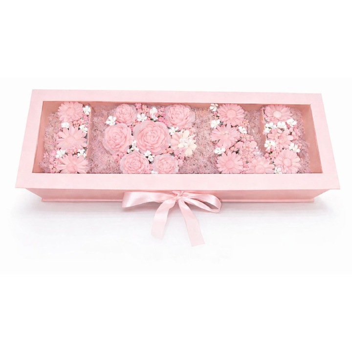 Aranjament floral parfumat in cutie, flori de ceara de soia, roz, 56x20x11cm
