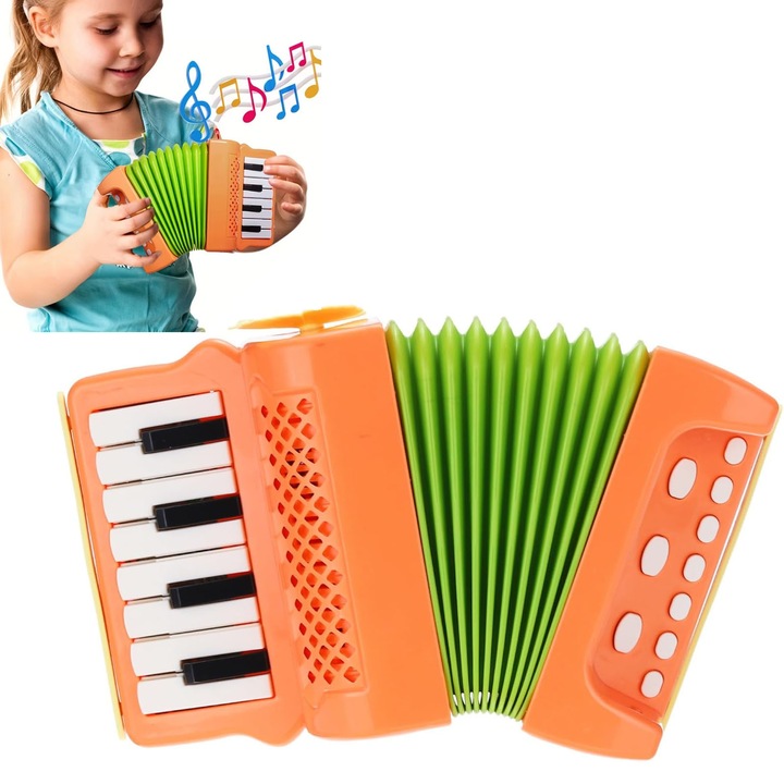 Harmonika gyerekeknek és felnőtteknek, AFKSMILE, Játék harmonika korai oktatáshoz, Oktató játékok, 3 év+, 10 billentyű, Oktatási tanulás, Ünnep, Tökéletes a finommotoros készségek fejlesztéséhez, Műanyag, 23*14*6cm, Zöld/Narancssárga