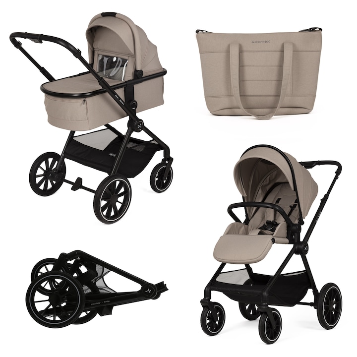 Carucior 2 in 1 Adamex Nova premium, doua piese distincte, suspensii, maner reglabil, roti mari anti-pana, pana la 22 kg, Cappuccino