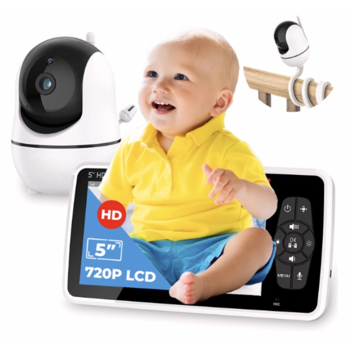 BabyMonitor Wireless cu Sunete Albe si Roz Pentru Supraveghere Audio-Video Bebelusi eGROW® Smart50+, Ecran LCD XXL 5" HD 720p, Rotire 355° Panoramic, Functie VOX, Mod Nocturn NightVision Automat, Temperatura Ambientala, Cantece de Leagan, Baterie 4000 mAh