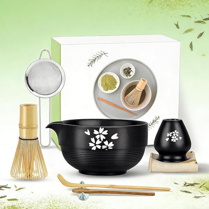 Set complet 8 piese pentru prepararea ceaiului Matcha, Green Matcha, bol cu cioc, tel din bambus, sticlă, 350ml