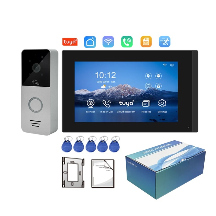 Videointerfon Smart WiFi CRISTALIS SALE ™ VDEW, Ecran Touch 7”, Camera Full HD 1080P, Tuya App, Detectie Miscare PIR, IP65, Unghi 140°
