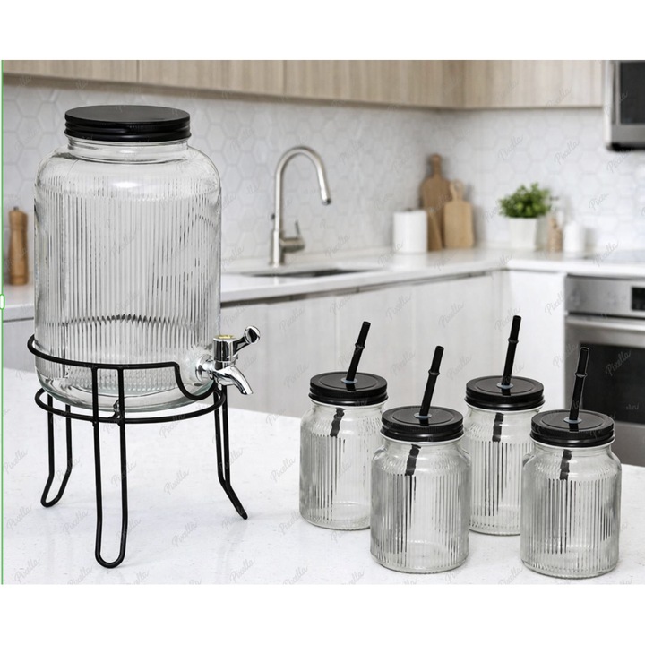 Dozator 4 Litri din sticla transparenta cu Robinet si Suport + 4 Cani 450 ml Ideal ideal pentru Sucuri Limonada Cocktailuri Ceai rece