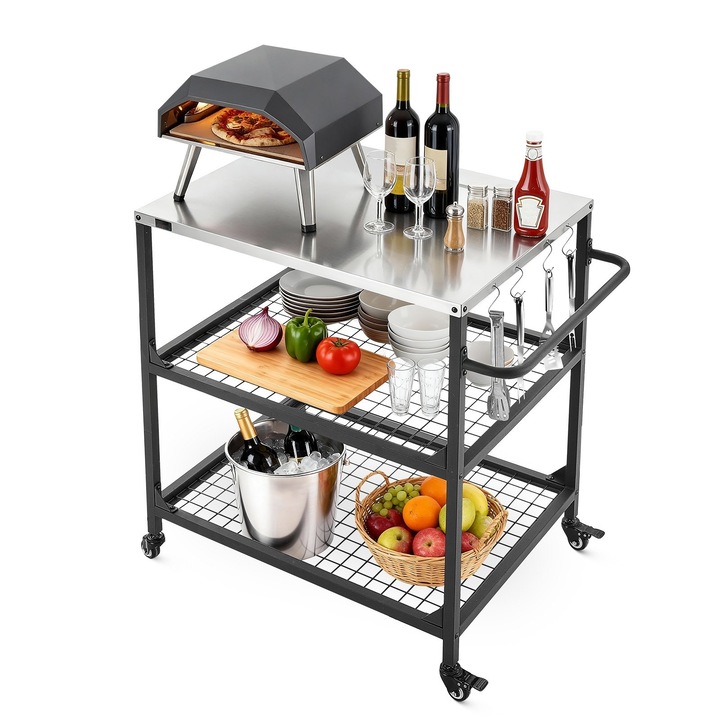 Masa pentru gratar, Carucior mobil BBQ, Blat din otel inoxidabil 80 x 61 cm, Cu 4 roti si maner lateral, Doua rafturi metalice tip plasa, Ideala pentru terasa si gradina