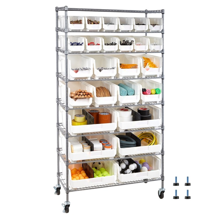 Система за съхранение с колелца, Метален стелаж, С 8 нива, С 26 органайзер кутии, Телени рафтове от стомана, Въртящи се колелца със спирачки, Органайзер за инструменти
