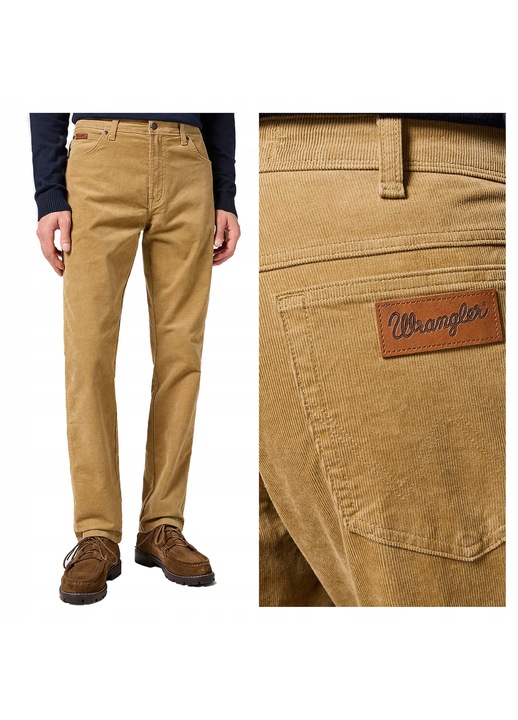 Мъжки панталони, Wrangler, Texas Slim, дълги, с права кройка, средна талия, 5 джоба, цип, памук, кафяви, Бежов
