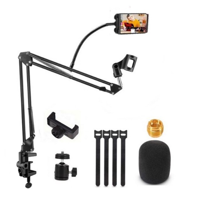 Suport microfon profesional SkyTechs® set cu legaturi de cablu stativ boom cu adaptor cu cap sferic de 1/4" si baza rotativa 360 pentru webcam-uri, lumini de inel suport cu clema de montare pe masa 3-in-1 utilizare pe birou si langa pat asamblare birou