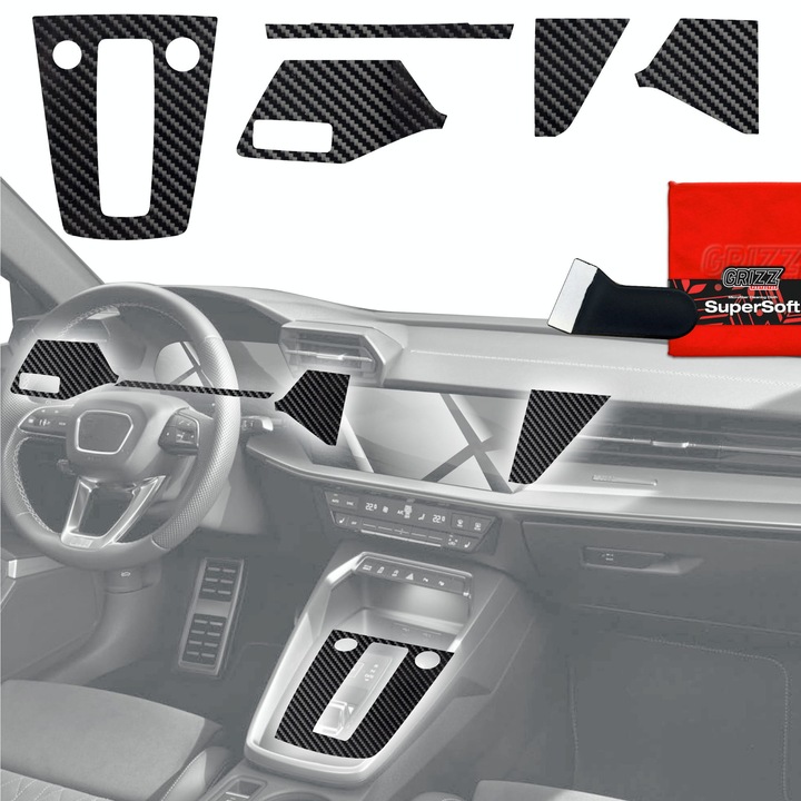 Folie de protectie pentru interior, Grizzprotector - Pianoskin Carbon Glossy 5In1 Pentru Audi A3 8Y (2020-2025)