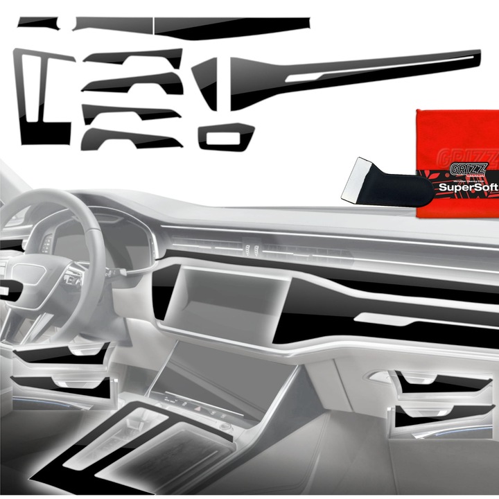 Folie de protectie pentru interior, Grizzprotector - Pianoskin Black Glossy 11In1 Pentru Audi A7 C8