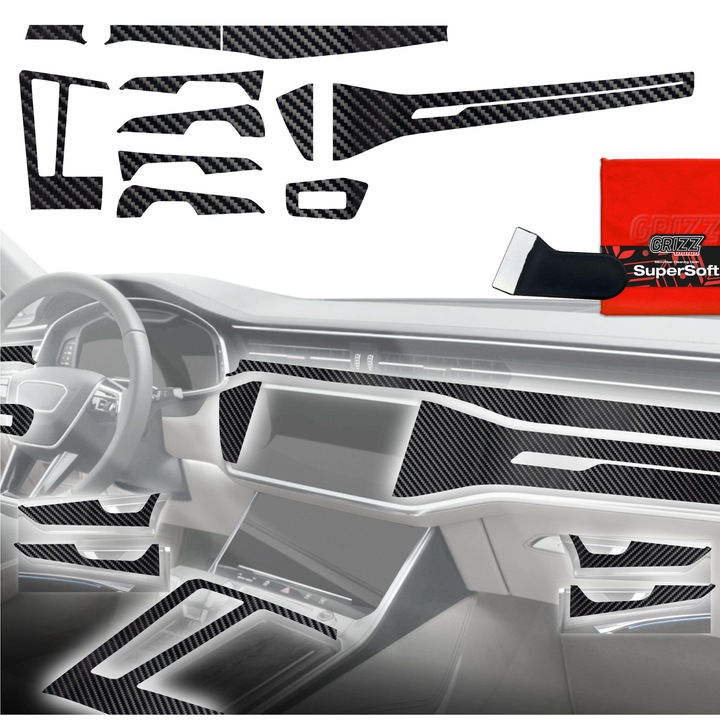 Folie de protectie pentru interior, Grizzprotector - Pianoskin Carbon Glossy 11In1 Pentru Audi A6 C8