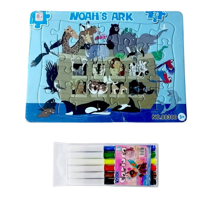 Noé bárkája vallásos oktató puzzle, 28 darabos, többszínű, 6 színű filctoll készlettel, 13,5 cm