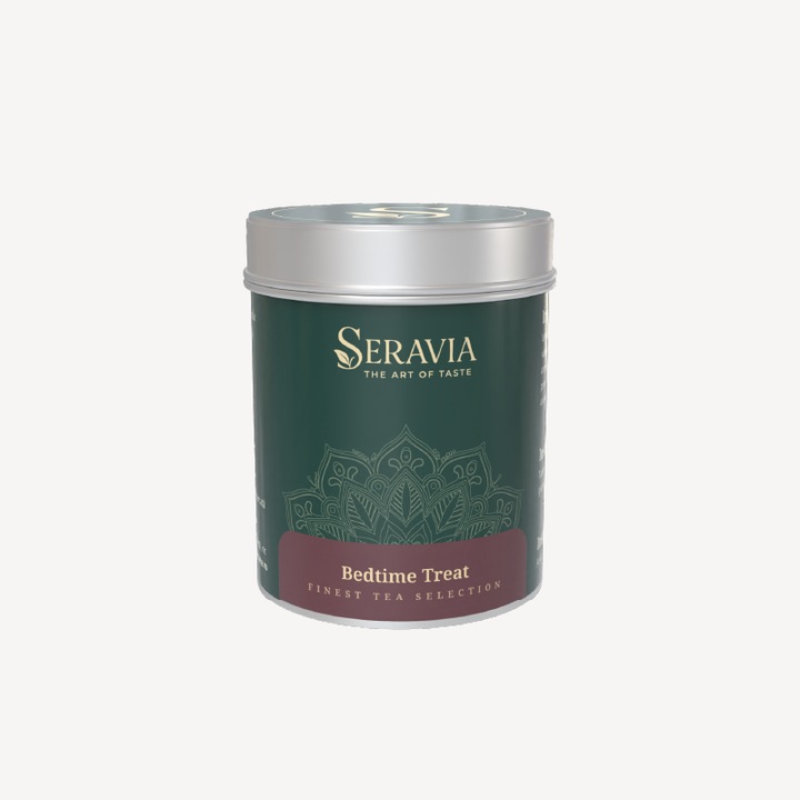 Ceai premium Seravia Bedtime treat, amestec de plante, aromă lemongrass, 60g, set cu 25 filtre și linguriță din lemn