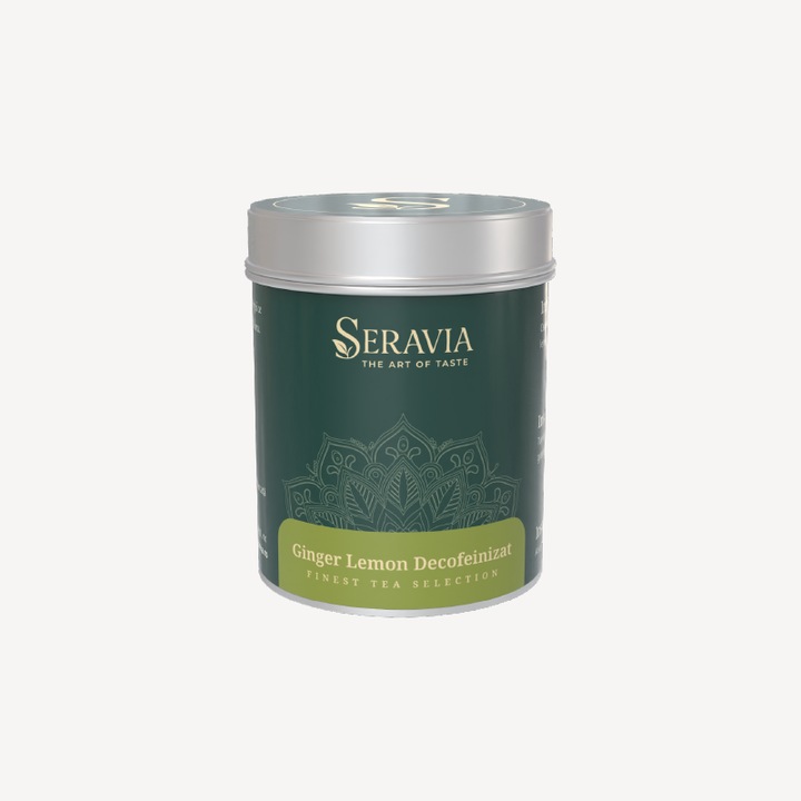 Ceai negru Seravia Ginger Lemon decafeinizat, 50g, cu ghimbir, lemongrass, set cu 25 filtre și linguriță din lemn