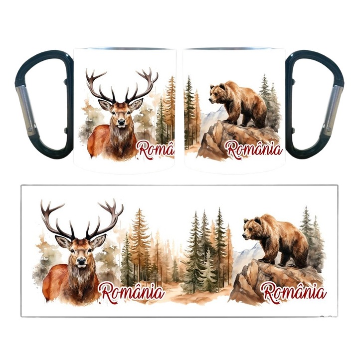 Cana alba din inox, cu carabiniera, personalizata cu dedicatie „Romania”, 220 ml