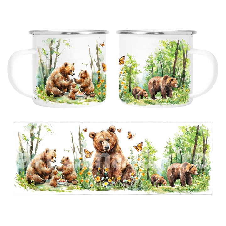 Cana personalizata alba, emailata, ursi – suvenir montan si outdoor, 350 ml