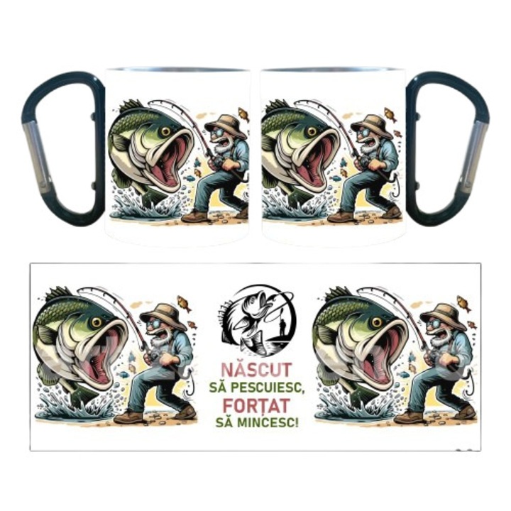 Cana alba din inox, cu carabiniera, personalizata cu dedicatie „Nascut sa pescuiesc, fortat sa muncesc”, 220 ml