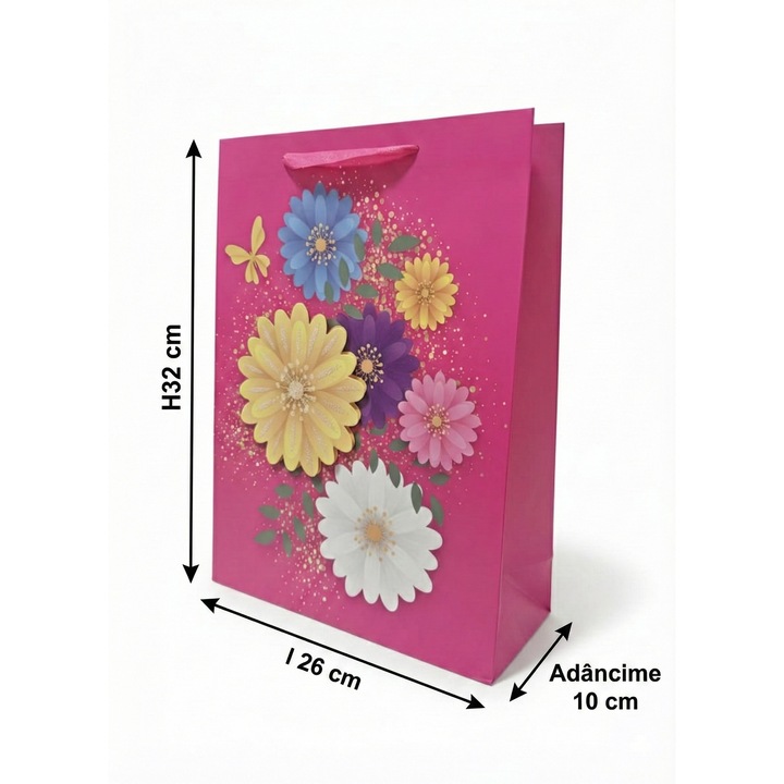 Punga Cadou Medie ELDEPO, 32x26x10 cm, Design Floral 3D pe Fundal Fucsia, Carton Extra Rezistent