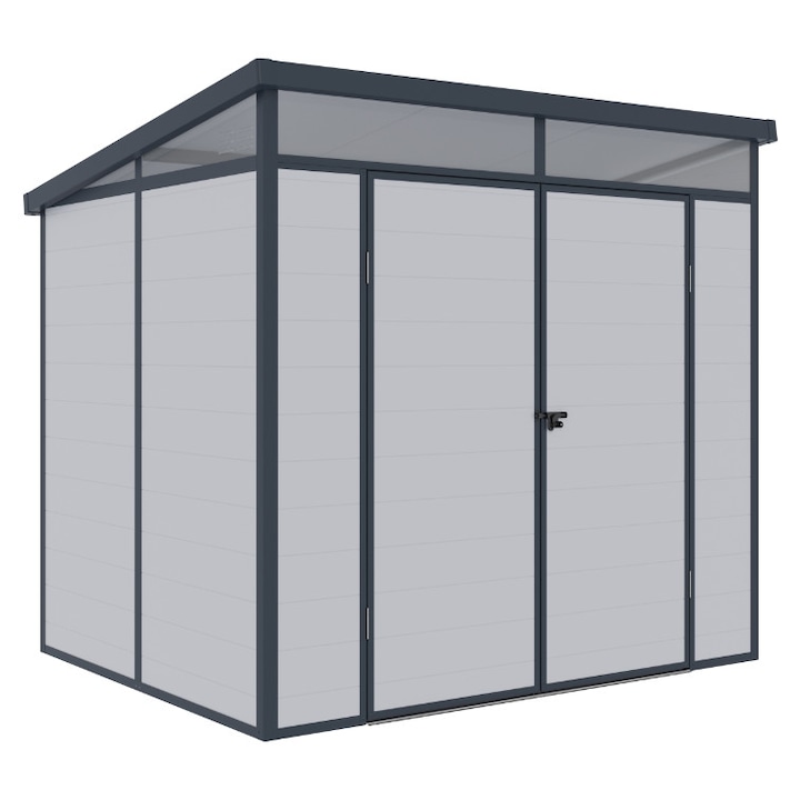 Casuta / magazie de gradina premium din material plastic, Wertcraft Toya B Gri, dimensiuni 238x191x215 cm, cu baza metalica