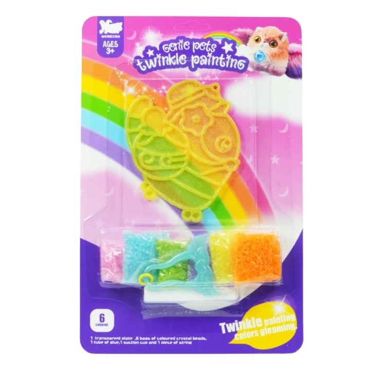 Breloc DIY Genie Pets, model Vrabiuta – pictura cu cristale colorate, Activitate creativa pentru copii 3+, Whimsy Workshop