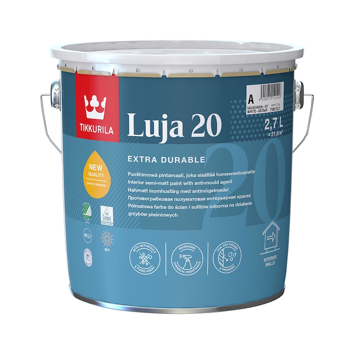 Vopsea lavabila ecologica Tikkurila Luja 20 antimucegai alb semimat 2.7 L