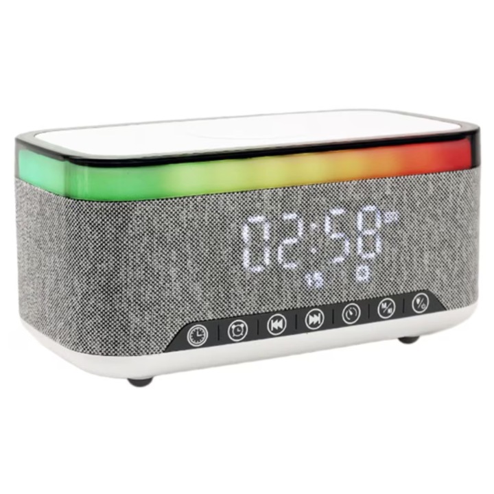 Boxa Bluetooth KP 559 3 in 1 cu incarcator wireless ceas si iluminare LED 10W