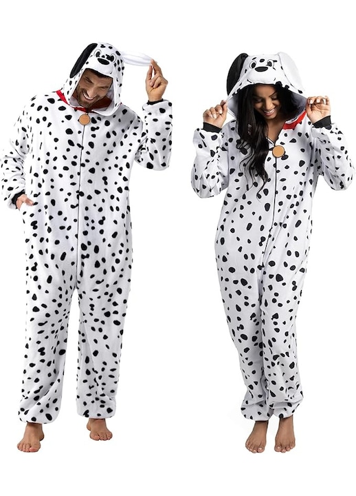 Pijama Tip Salopeta Dalmatian pentru Adulti cu Gluga – Costum Onesie Unisex, cu Fermoar, Buzunare si Detalii 3D, Ideal pentru Halloween & Relaxare, Alb-Negru, Marimea L
